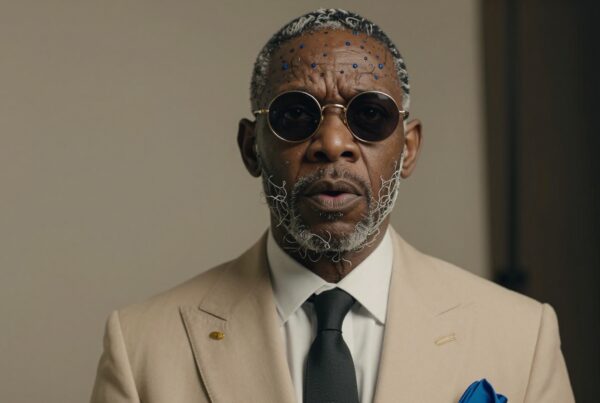 Elderly man in suit with intricate hairstyle and sunglasses.