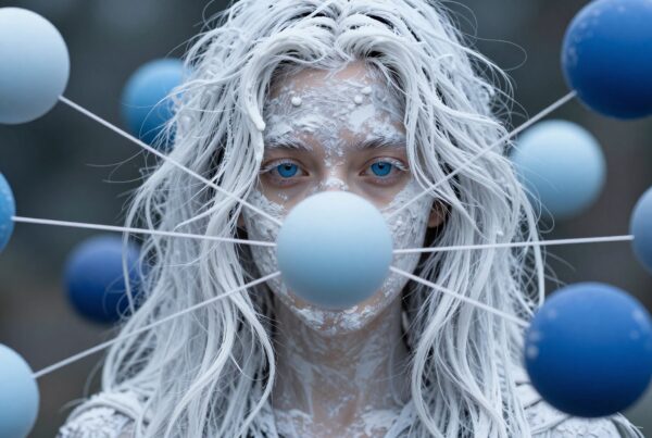 An ethereal face painted white and adorned with blue spheres.