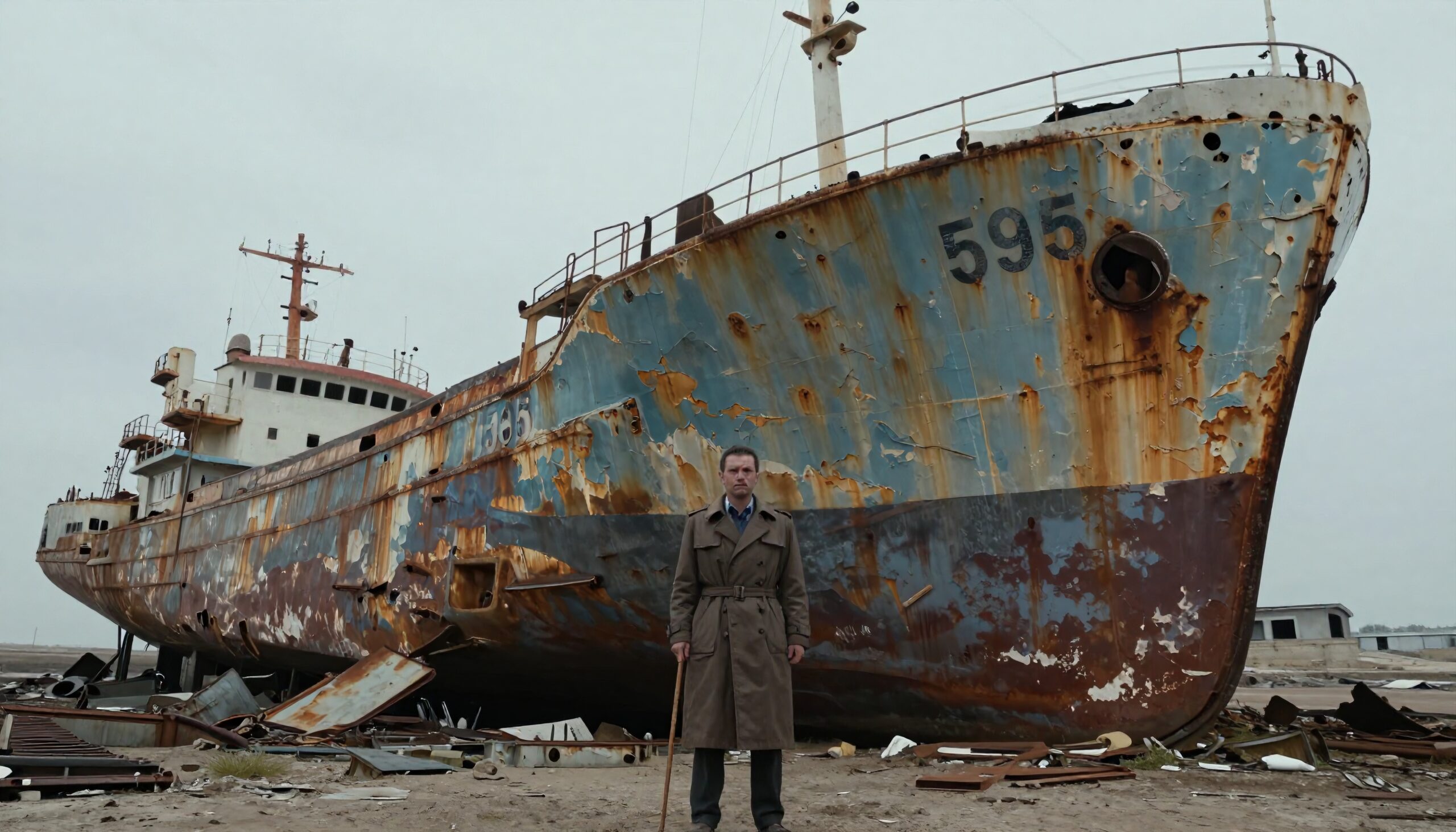 Rusted Ship and Solitary Figure