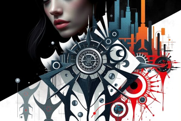 Digital artwork of a serene female face in an abstract, geometric, urban-futuristic setting with intricate patterns and vibrant colors.