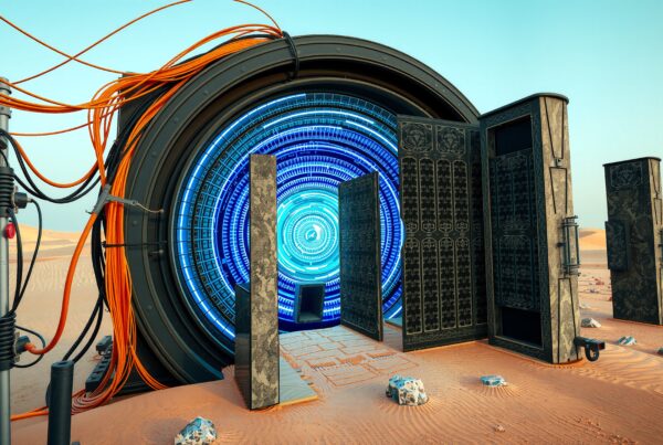 A futuristic portal in a desert setting with intricate blue lights and ornate pillars.