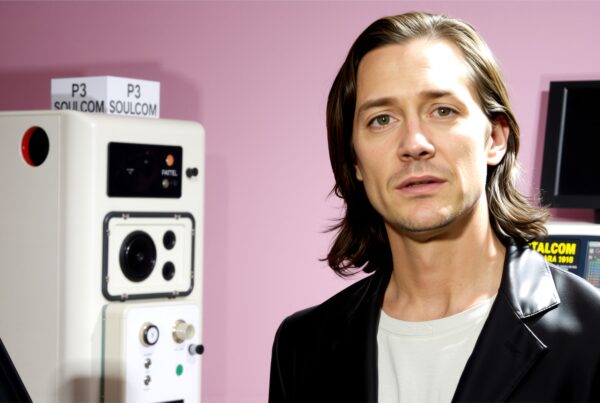 A man in a stylish leather jacket stands beside retro technology, in a room with pink walls and a digital monitor.