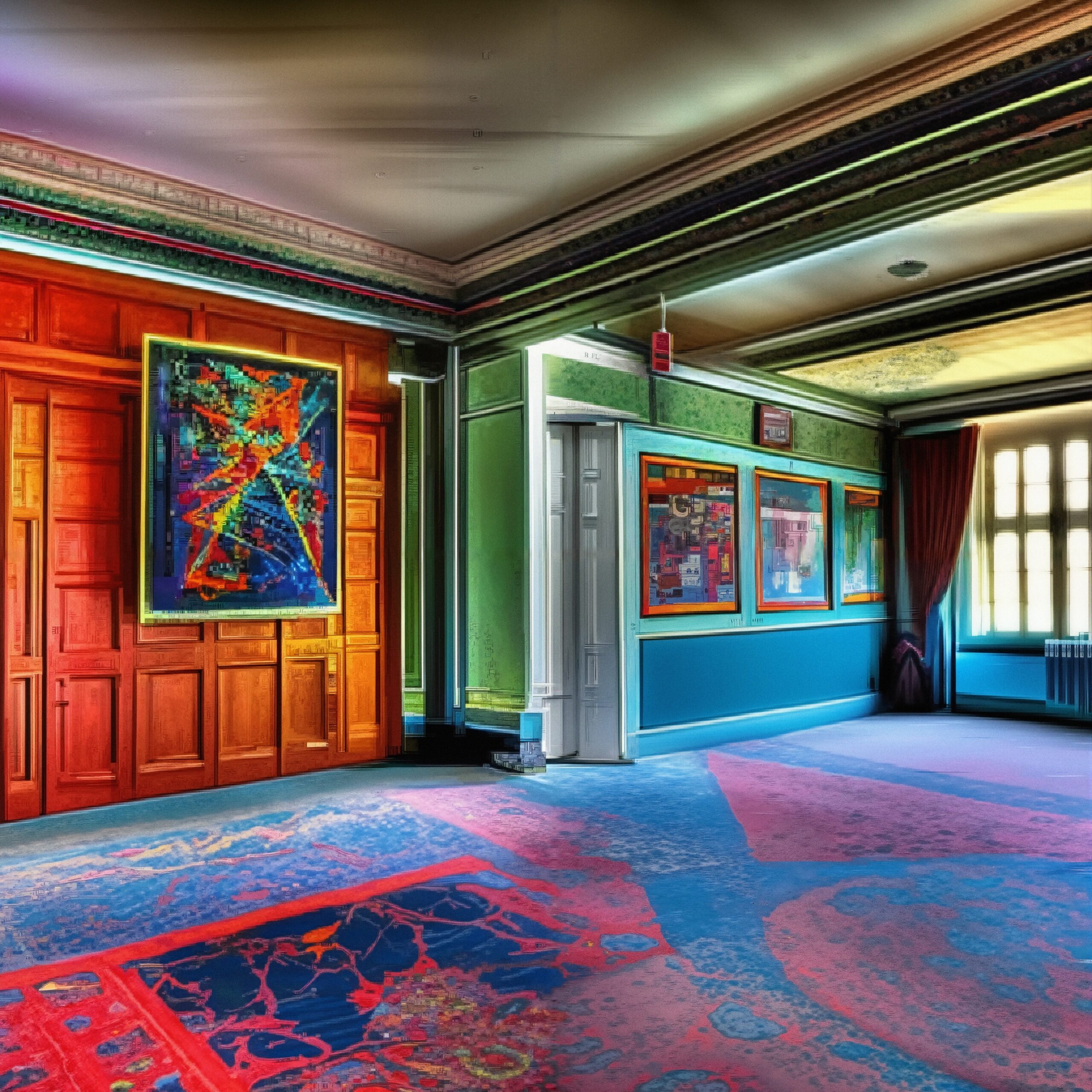Colorful room with vibrant artworks
