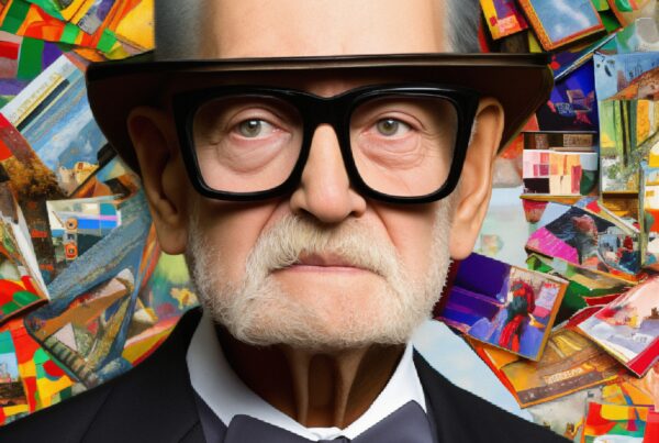 A distinguished gentleman in formal attire with vibrant abstract art background.