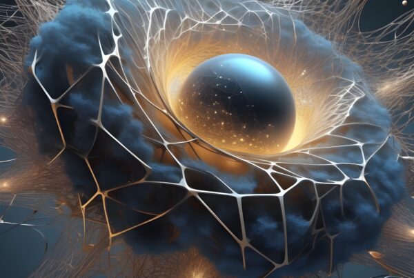 Futuristic orb encased in intricate network mesh with glowing lights.