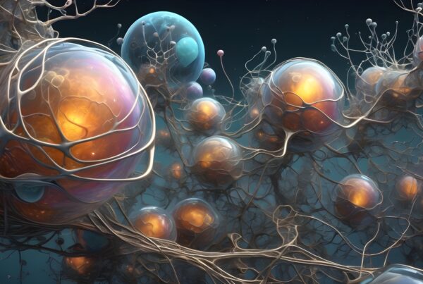 A surreal depiction of glowing orbs interconnected by intricate strands, resembling a neural network in a cosmic setting.