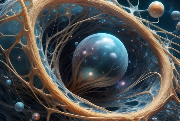 A mesmerizing abstract image of cosmic spheres surrounded by intricate web-like structures, evoking celestial mystery.