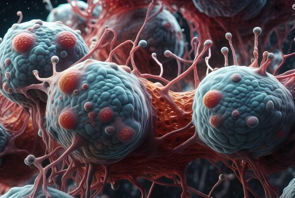 Detailed Microscopic View of Cancer Cells and Blood Vessels