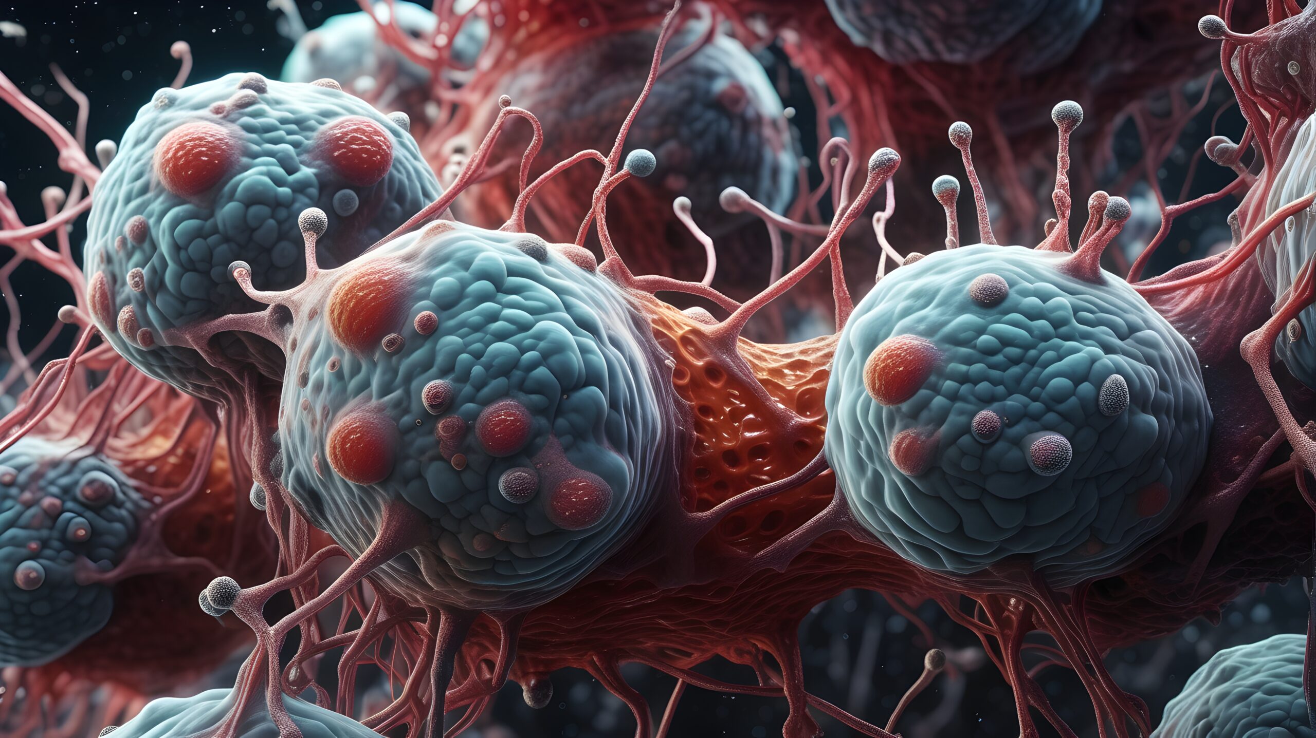 Detailed Microscopic View of Cancer Cells and Blood Vessels