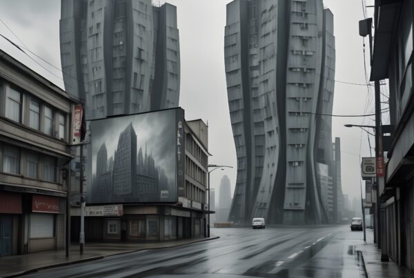 Twisted skyscrapers in rainy cityscape.