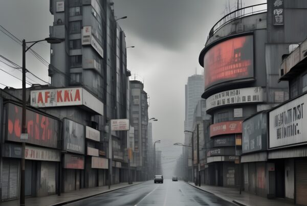Gloomy Dystopian Cityscape with Neon Signs and Rain
