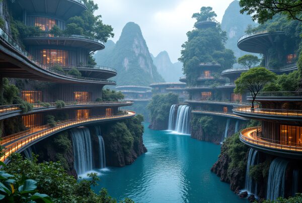 Futuristic structures with waterfalls, nestled in lush mountains.