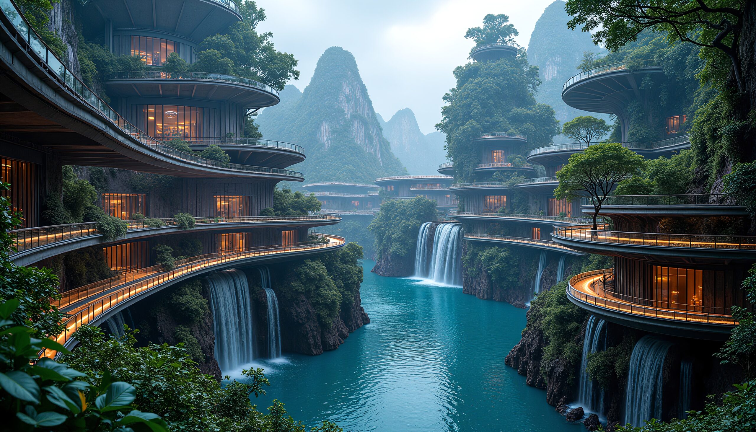Futuristic Waterfalls and Architecture