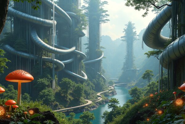 A futuristic forest landscape with tall cylindrical structures, winding tubes, a river, glowing mushrooms, and lush greenery.