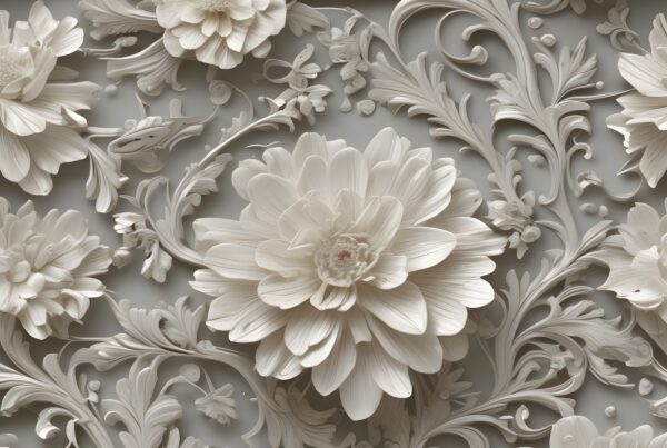 Intricate floral relief with intricate details and creamy white flowers intertwined with ornate scrollwork on a monochromatic background.