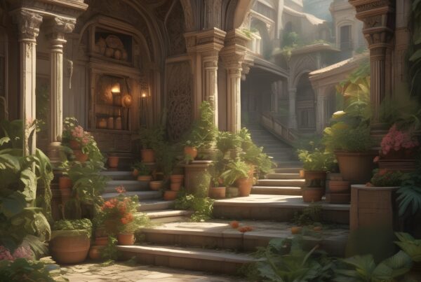 A sunlit courtyard with intricate arches, lush plants in terracotta pots, and a serene, tranquil atmosphere.