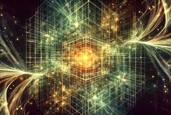 Abstract digital artwork of a luminous, futuristic network with glowing core and interwoven lines.