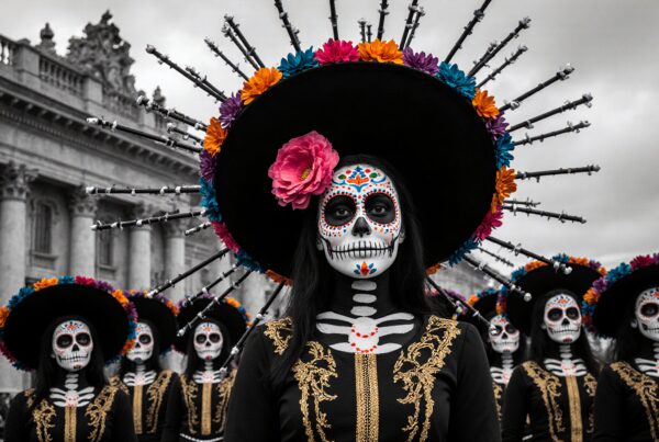 People in Day of the Dead attire with colorful sugar skull makeup and floral-adorned sombreros in procession.