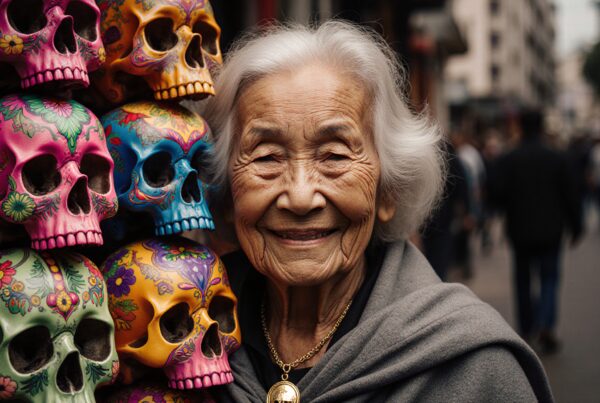 Elderly woman smiling beside vibrant, decorative skulls on city street.