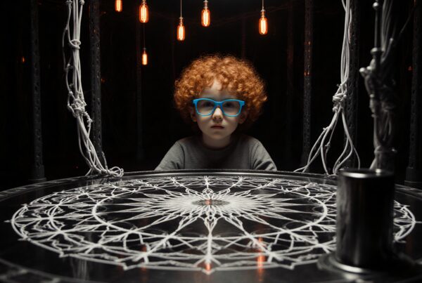 A young child with curly red hair wearing blue glasses sits at a round table with intricate string art, under warm, vintage-style lights.