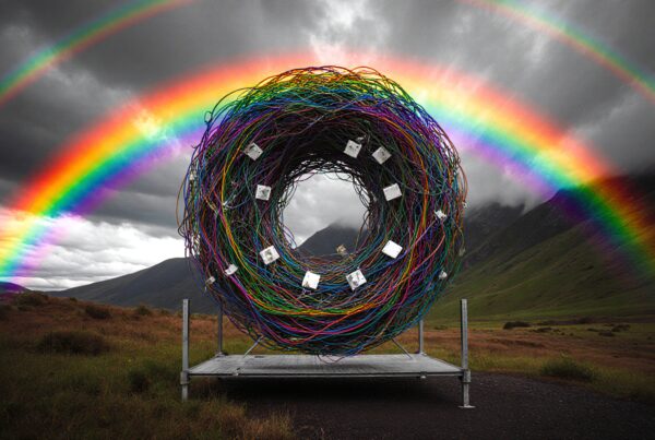 Colorful cable sculpture with rainbows in dramatic landscape.