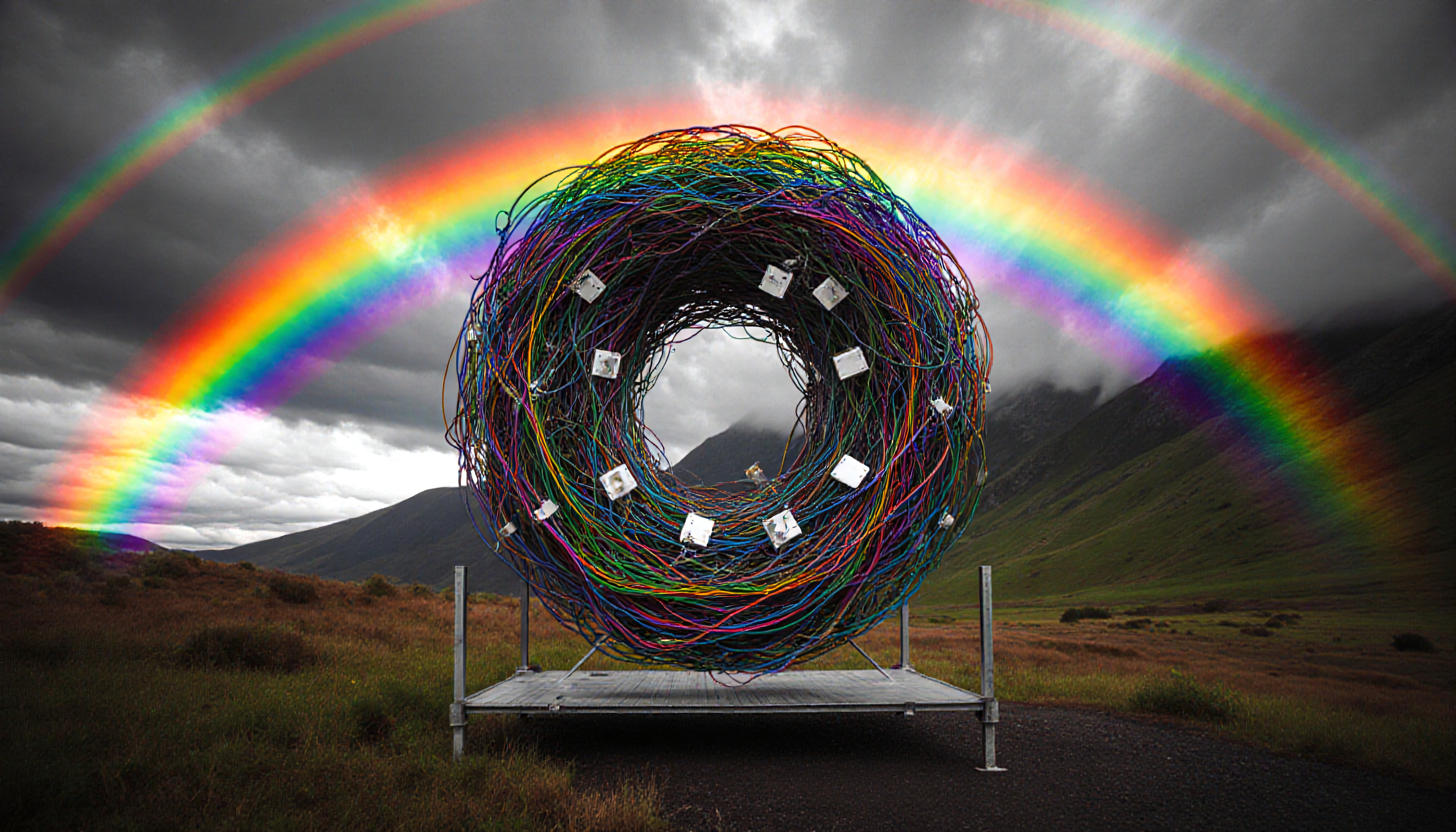 Whimsical Rainbow Cable Sculpture