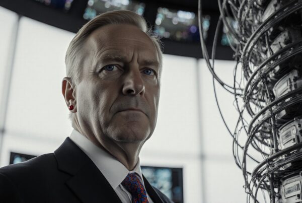 A man in a suit stands in a high-tech setting with intricate machinery and bright lighting.