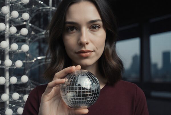 Portrait of a woman holding a reflective sphere, with a cityscape background and geometric elements.