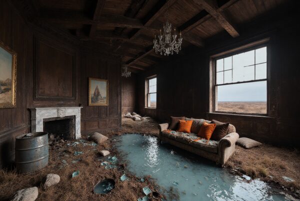 Abandoned room with couch, chandelier, and mud.