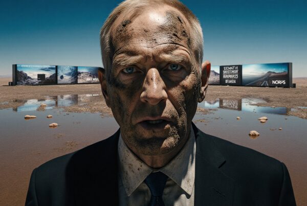 A man stands in a desolate landscape with billboards.