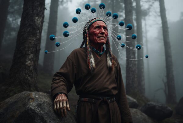 An elderly man in a forest wearing a cultural headdress with blue spheres in a foggy setting.