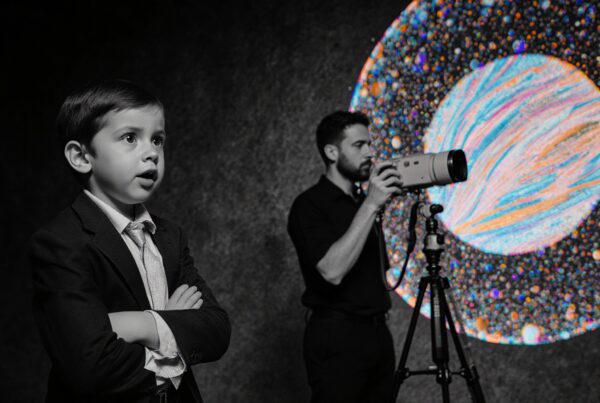 A young boy in a suit stands intrigued beside a photographer as a vibrant cosmic pattern is projected in the background.