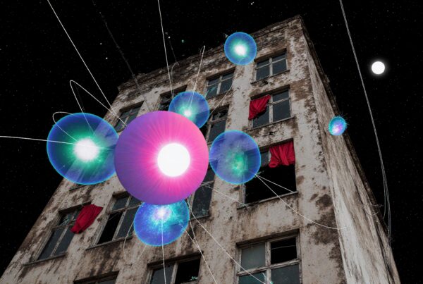 Luminous orbs float above a weathered building under a starry night sky, creating a surreal and cosmic atmosphere.
