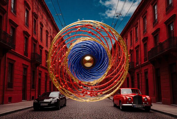A surreal vortex with cars on a red-brick street.