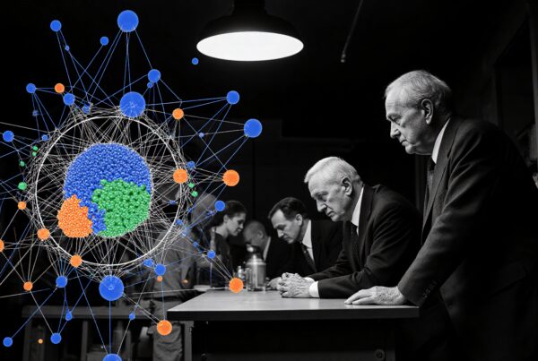 A group in formal attire gathers around a table, with colorful, abstract network nodes in the foreground, symbolizing a blend of technology and human strategy.