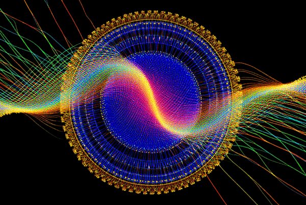 A vibrant abstract design featuring colorful, swirling patterns against a dark background, evocative of cosmic energy.