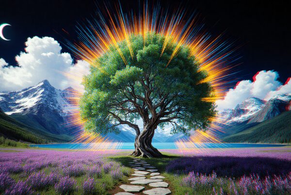A majestic tree radiates vibrant colors, standing amid purple flower fields with a mountainous backdrop.
