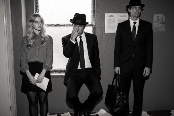 Black and white photo of three vintage-dressed people in a small room, evoking a film noir style.