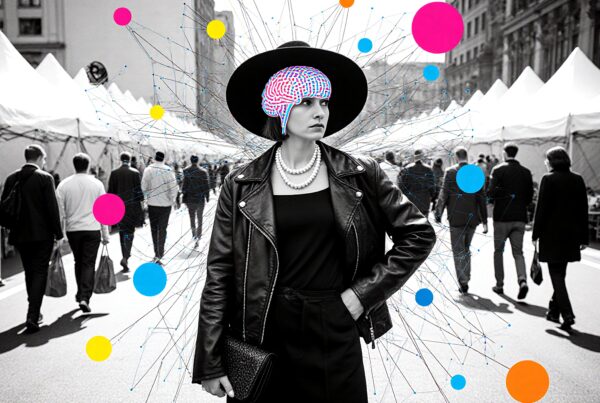 Stylish woman in market setting, blending fashion and technology with digital elements.