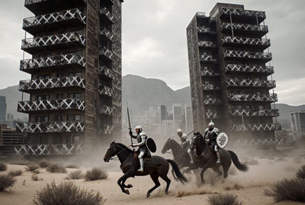 Knights in armor riding through a desert landscape with modern skyscrapers in the background.