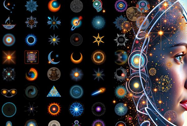Futuristic digital artwork of celestial patterns and human-tech fusion.