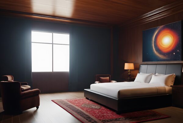 A luxury bedroom with modern design, featuring a large bed, cosmic artwork, and warm wooden accents.