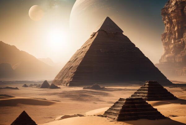 A mystical desert with pyramids and celestial bodies overhead.