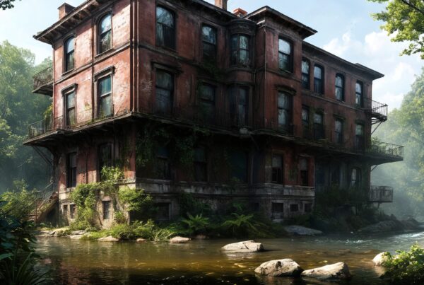 Image of an abandoned building surrounded by lush greenery, partially submerged in tranquil water, covered in ivy and moss, under dappled sunlight.