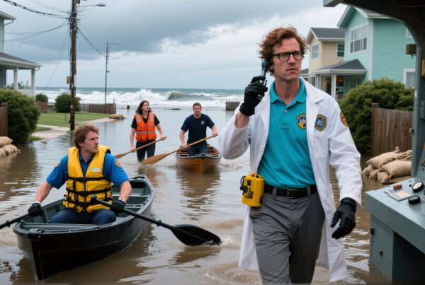 Responders in boats navigate a flooded neighborhood, emphasizing teamwork and safety amid ocean-driven floods.