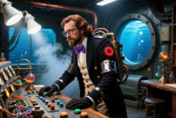 Scientist operating submarine control panel in steampunk lab.