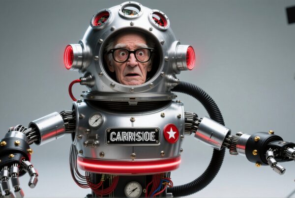 Elderly man in a vintage robotic suit expresses surprise.