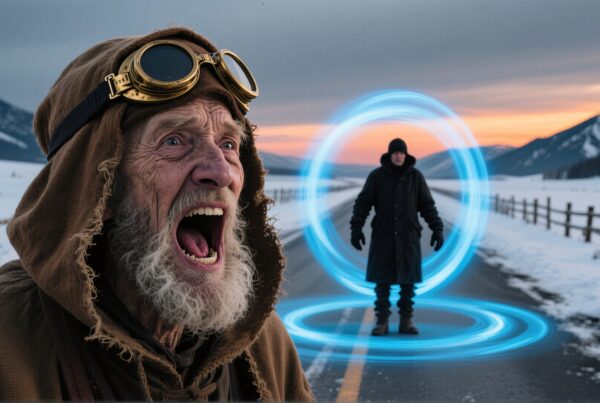 An elderly man reacts with fear as a figure stands encircled by a glowing portal in a snowy mountain landscape at sunset.