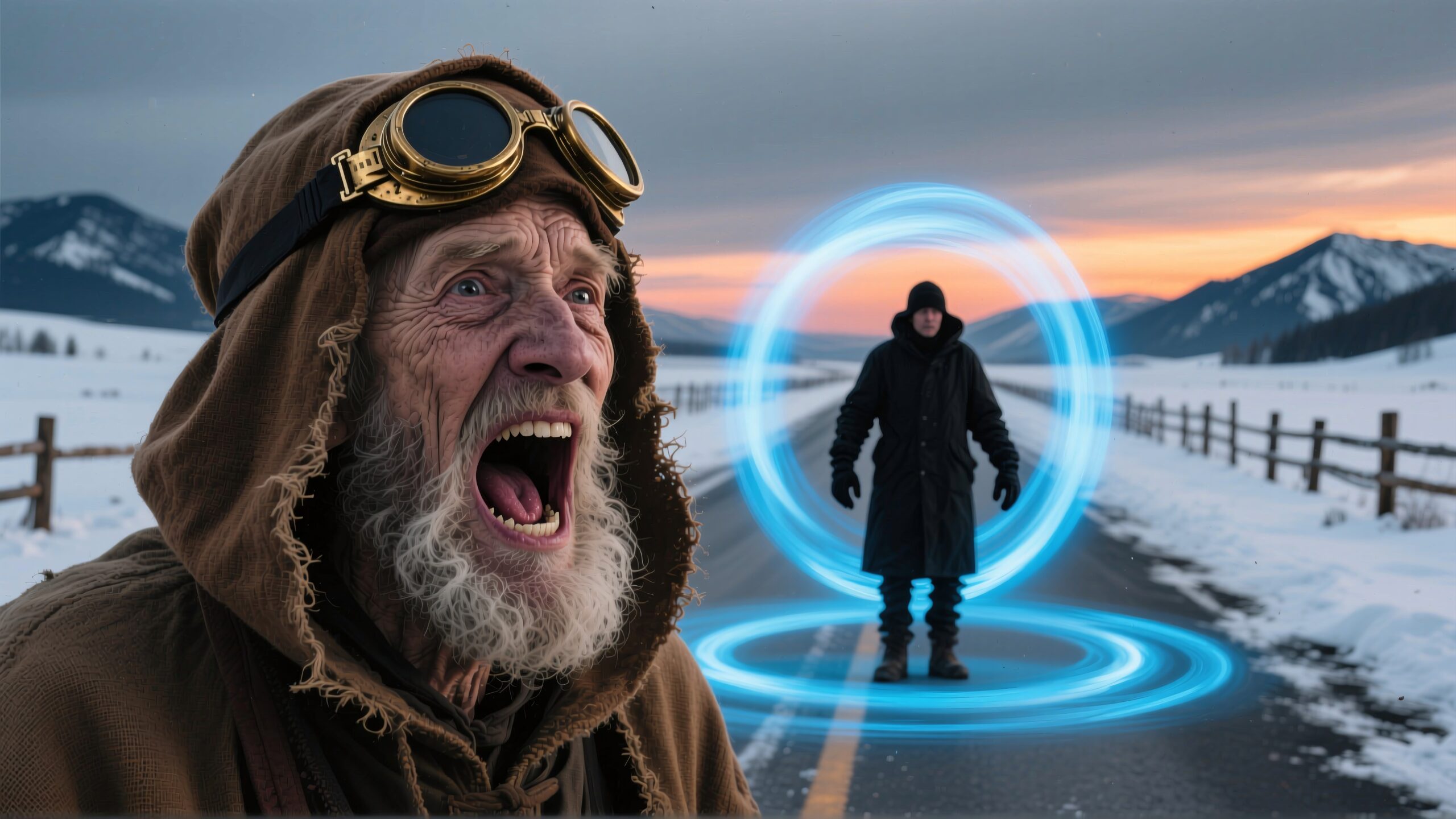 Mysterious Encounter in Snowy Landscape