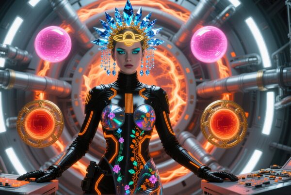 A futuristic woman with a glowing headpiece interacts with advanced technology in a high-tech control room.